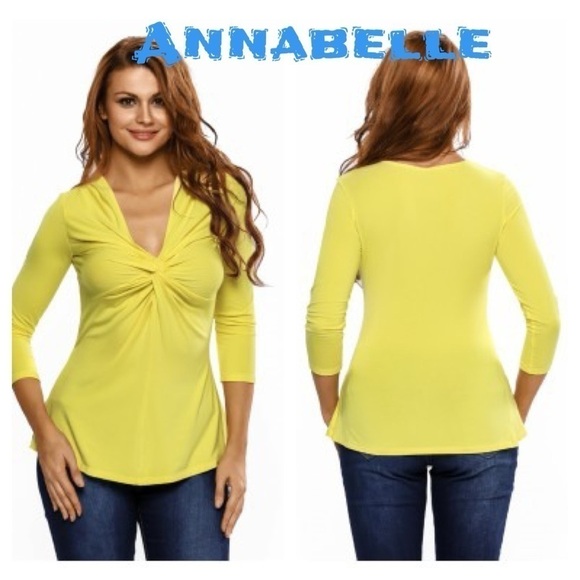 Pale Yellow Twist Front Ruched V Neck Long Sleeve - Picture 1 of 9